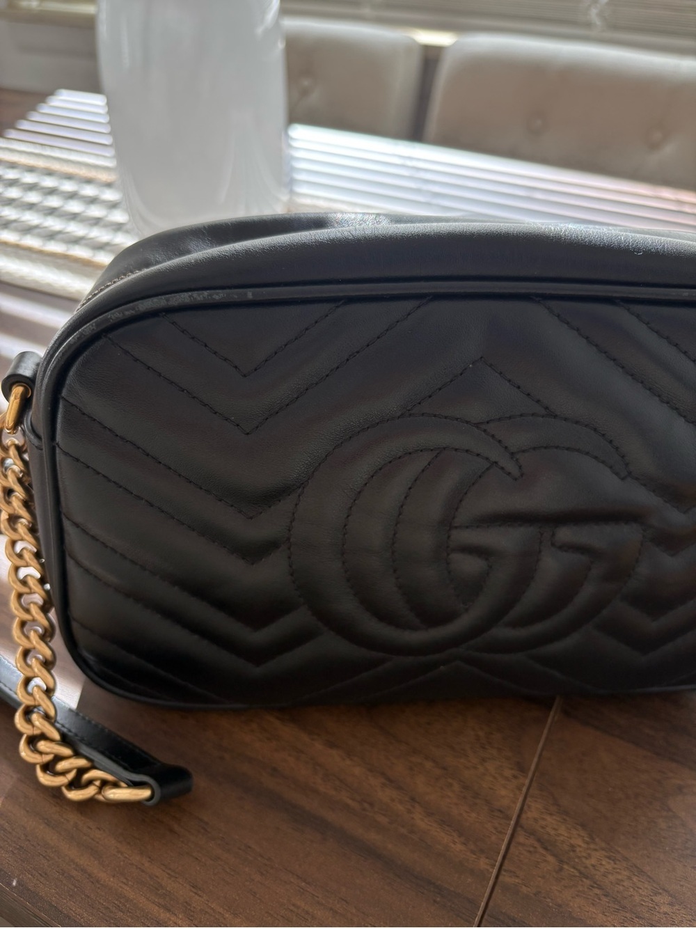Gucci Black Leather GG Marmont Chevron Camera Bag with Gold Hardware - Picture 7 of 10